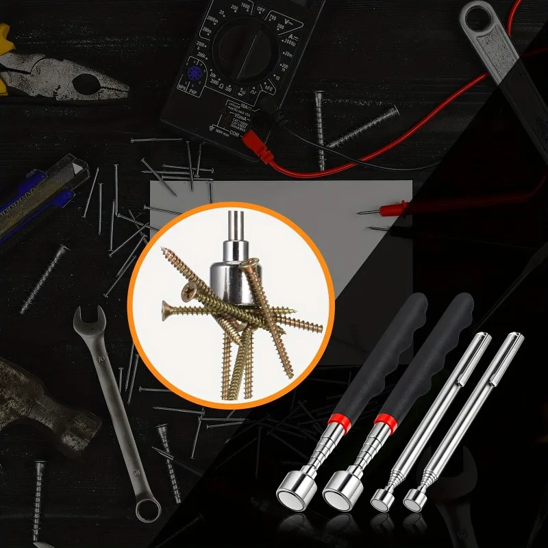 Stylo Magnétique sur Établi – AutOutilShop Stylo magnétique télescopique posé sur un établi avec outils et vis